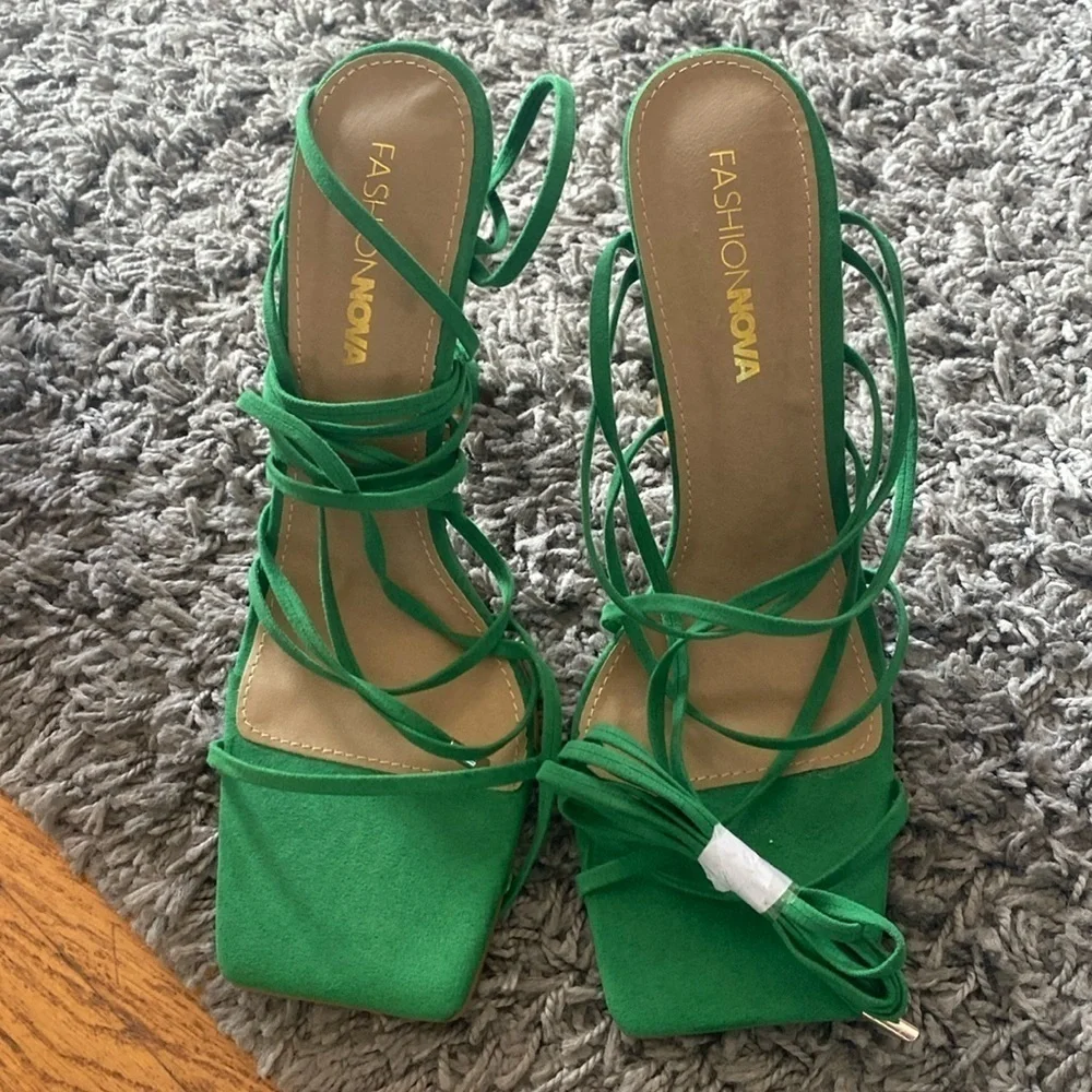NWOT Fashion Nova Green Faux Suede Pay No Mind Heels Ankle Tie Heels Size 8.5